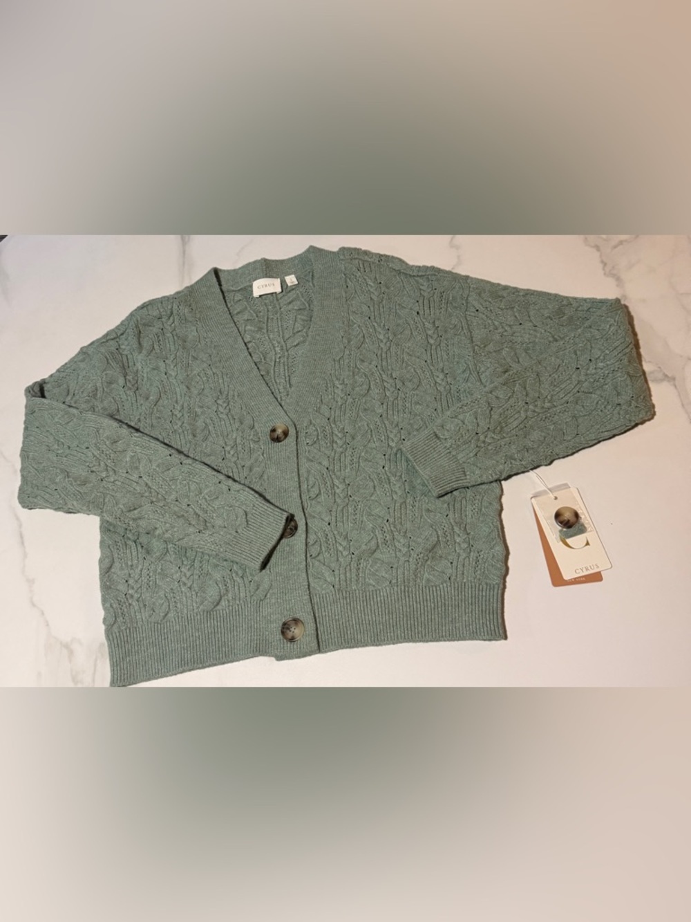 Cyrus Sage Green Cable Knit Button-Up Cardigan S - Picture 5 of 10